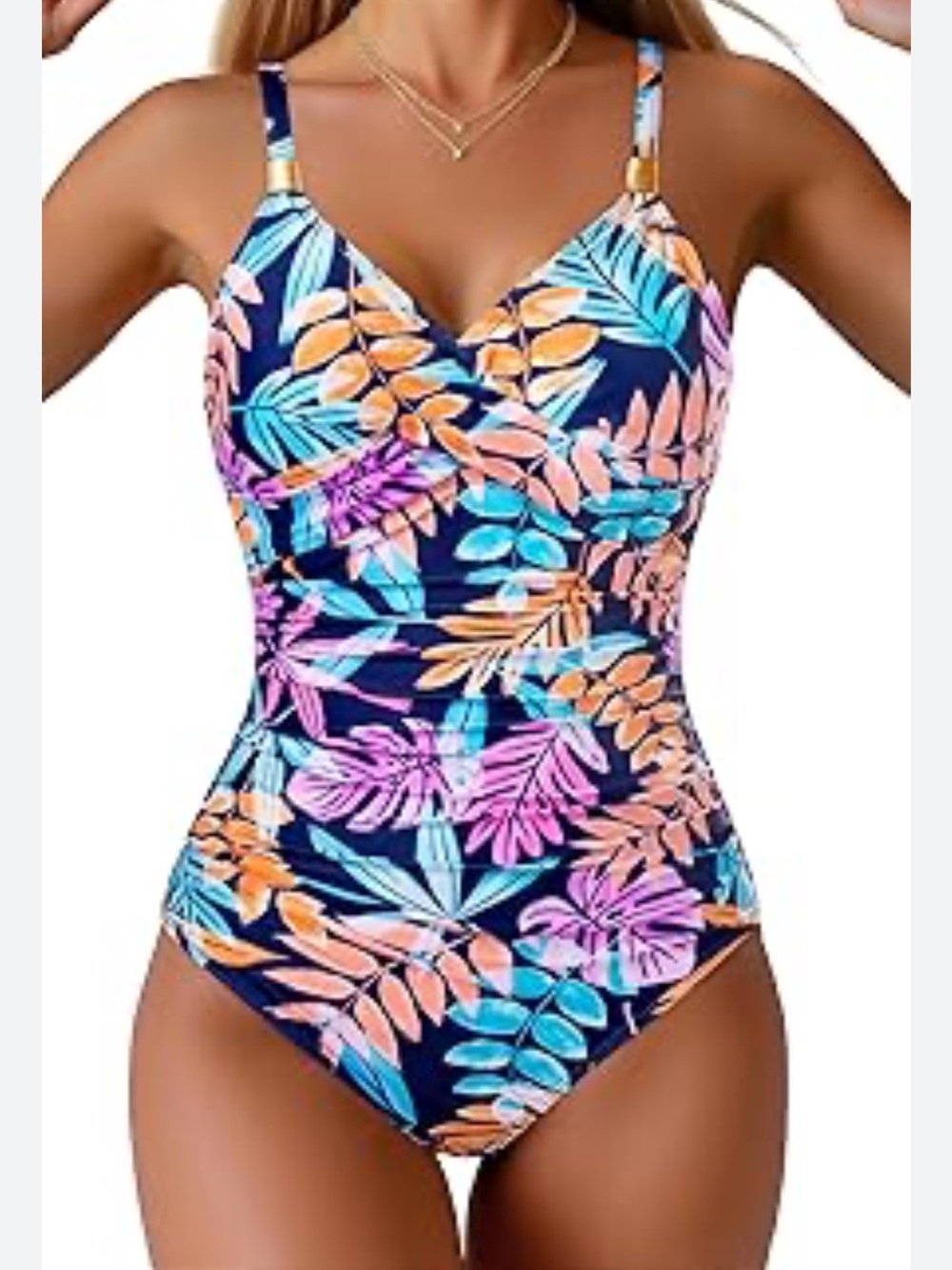 Tropical Leaf One-Piece Swimsuit -‎ Navy gold detail NEW